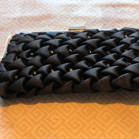 Black quilted like clutch, with metal snap closure, pearls, , chain and bling. - Picture 1 of 5